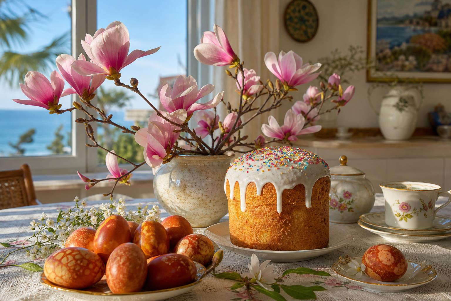 Пасха в Сочи — пасхальный стол с куличом и магнолией