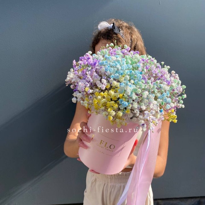 Радужные гипсофилы в шляпной коробке в Сочи