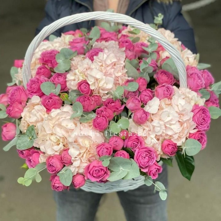 Корзина с гортензией и Мисти Баблс в Сочи